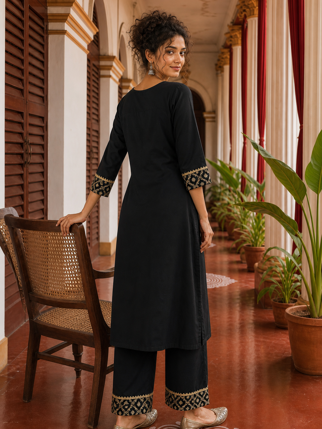 Elegant Black Cotton sil Kurta with Banarasi Panel Border embellished with gold laces