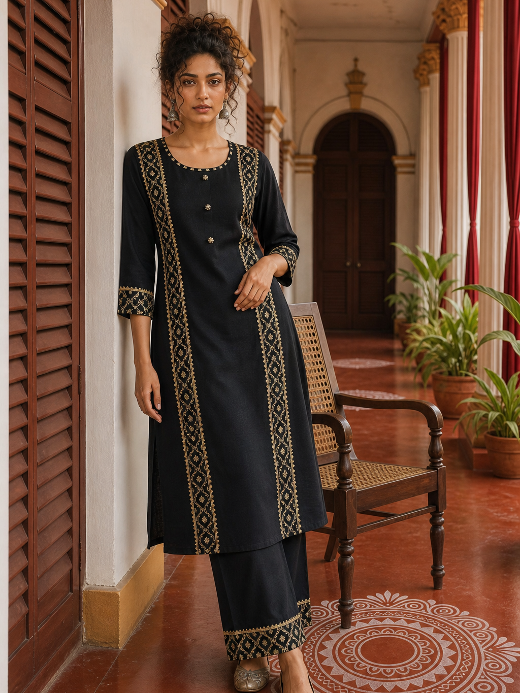 Elegant Black Cotton sil Kurta with Banarasi Panel Border embellished with gold laces