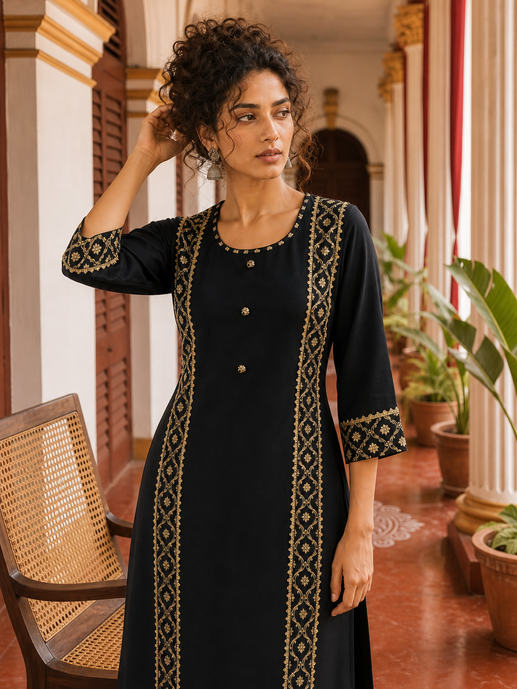 Elegant Black Cotton sil Kurta with Banarasi Panel Border embellished with gold laces