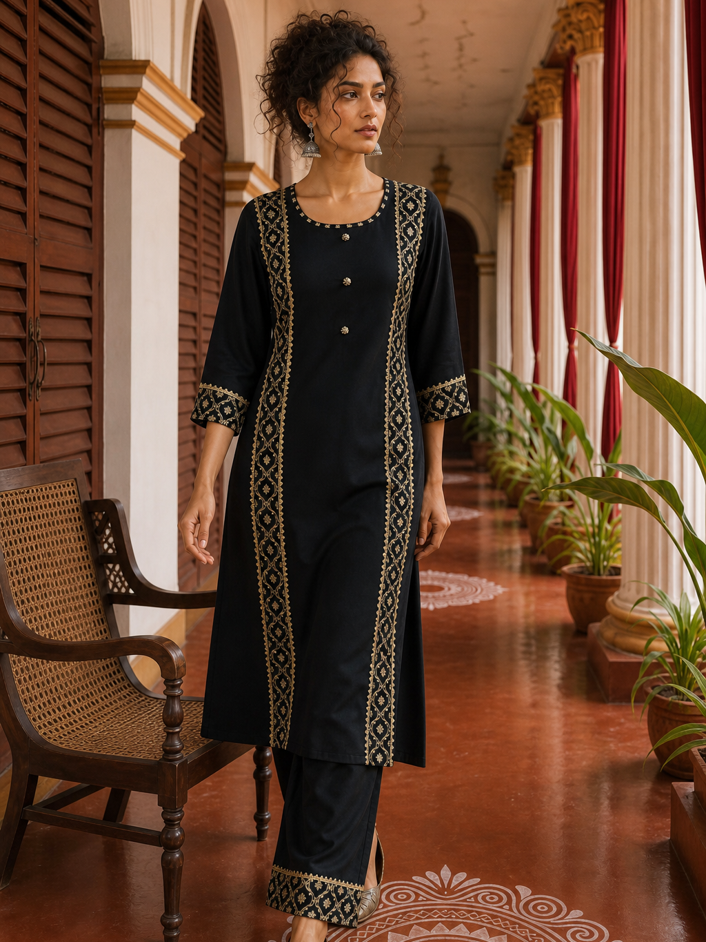 Elegant Black Cotton sil Kurta with Banarasi Panel Border embellished with gold laces