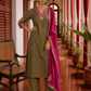 Elegant Dark Gold Cotton silk Kurta with Contrast Magenta Gold Embroidered V-Neck brocade Yoke and Coordinated Sleeve Cuffs