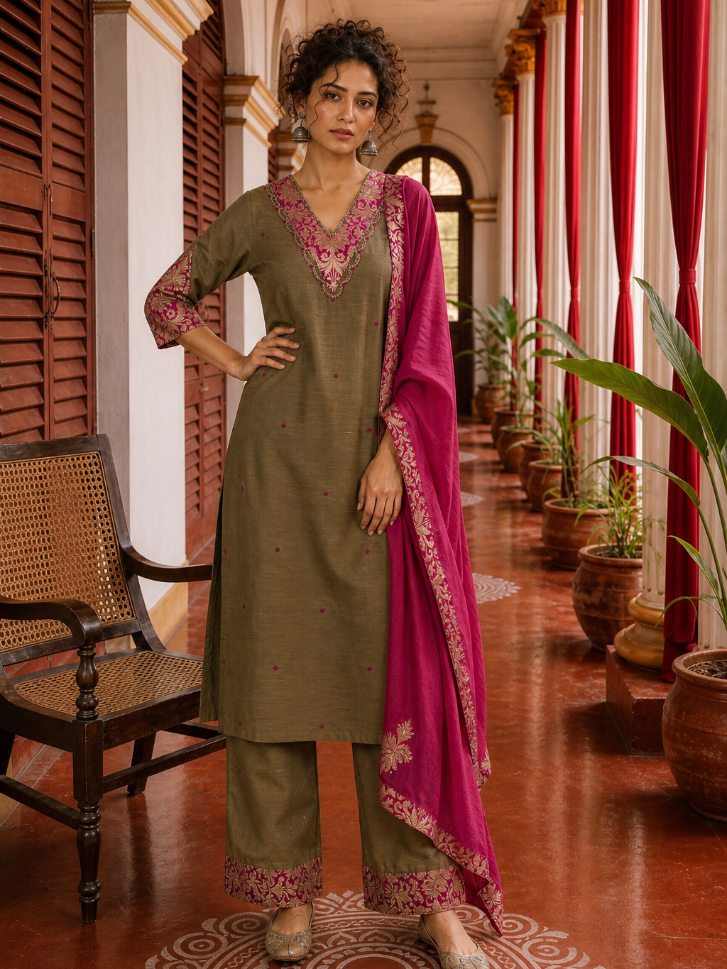Elegant Dark Gold Cotton silk Kurta with Contrast Magenta Gold Embroidered V-Neck brocade Yoke and Coordinated Sleeve Cuffs