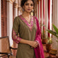 Elegant Dark Gold Cotton silk Kurta with Contrast Magenta Gold Embroidered V-Neck brocade Yoke and Coordinated Sleeve Cuffs