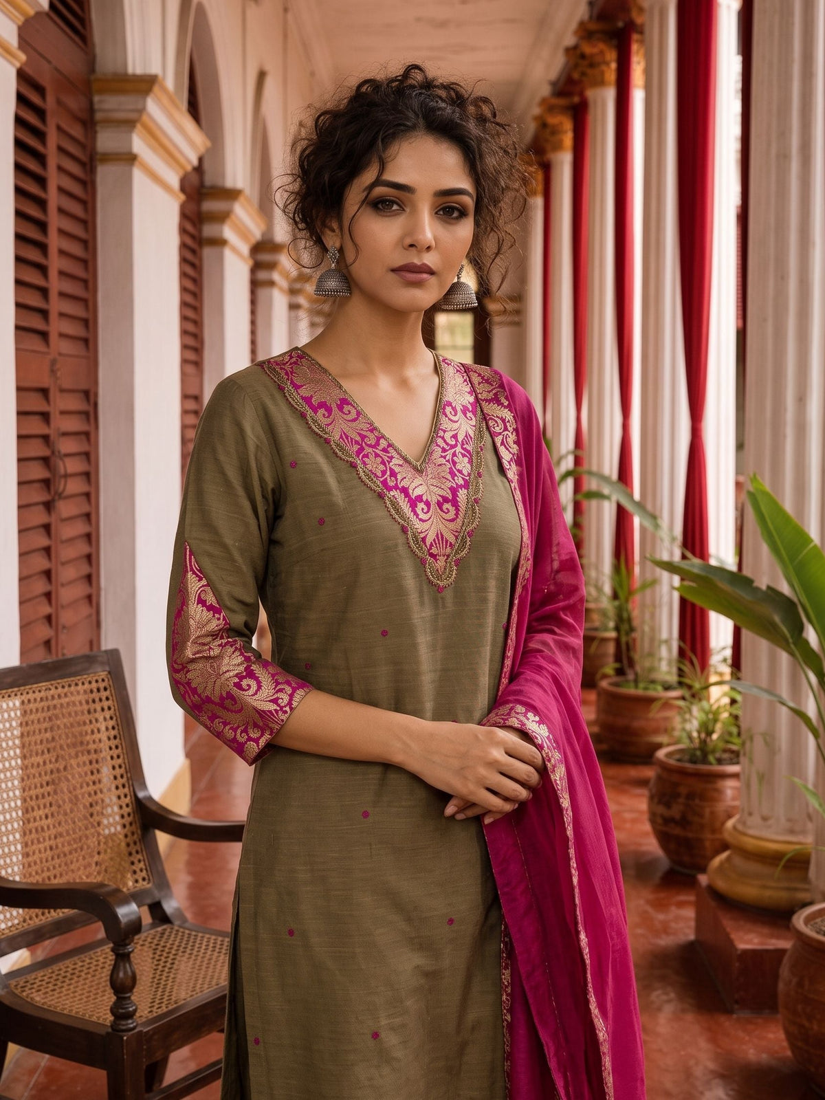 Elegant Dark Gold Cotton silk Kurta with Contrast Magenta Gold Embroidered V-Neck brocade Yoke and Coordinated Sleeve Cuffs
