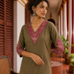 Elegant Dark Gold Cotton silk Kurta with Contrast Magenta Gold Embroidered V-Neck brocade Yoke and Coordinated Sleeve Cuffs
