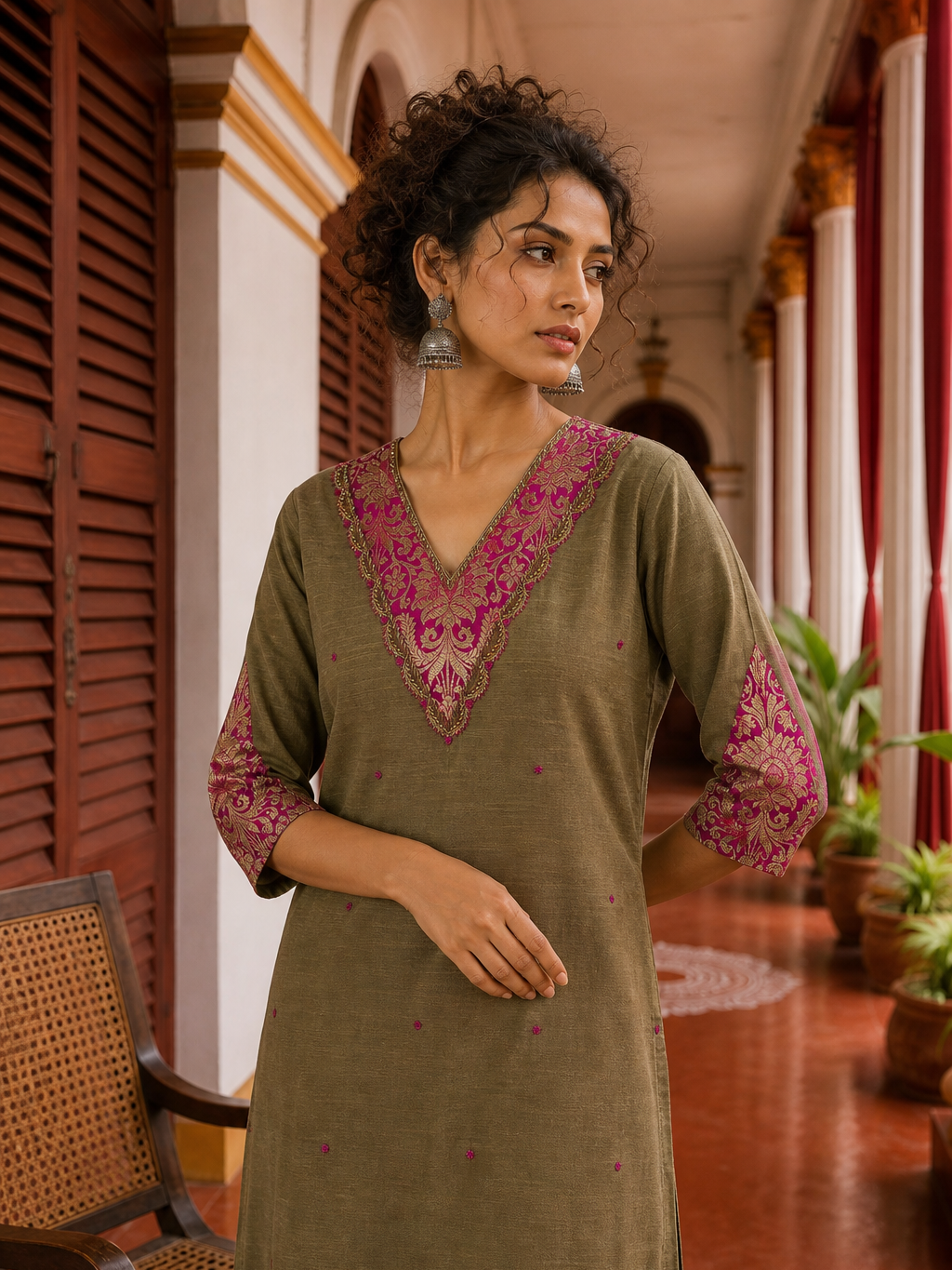 Elegant Dark Gold Cotton silk Kurta with Contrast Magenta Gold Embroidered V-Neck brocade Yoke and Coordinated Sleeve Cuffs