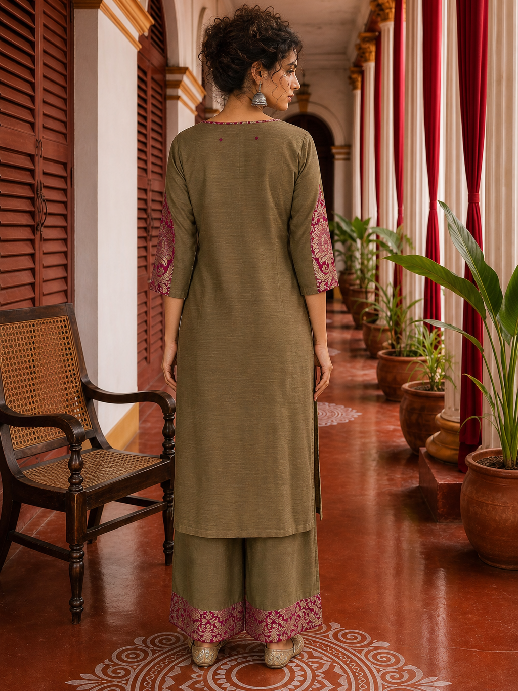 Elegant Dark Gold Cotton silk Kurta with Contrast Magenta Gold Embroidered V-Neck brocade Yoke and Coordinated Sleeve Cuffs