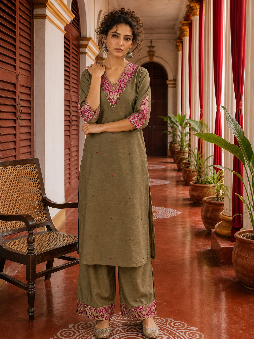 Elegant Dark Gold Cotton silk Kurta with Contrast Magenta Gold Embroidered V-Neck brocade Yoke and Coordinated Sleeve Cuffs
