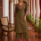 Elegant Dark Gold Cotton silk Kurta with Contrast Magenta Gold Embroidered V-Neck brocade Yoke and Coordinated Sleeve Cuffs