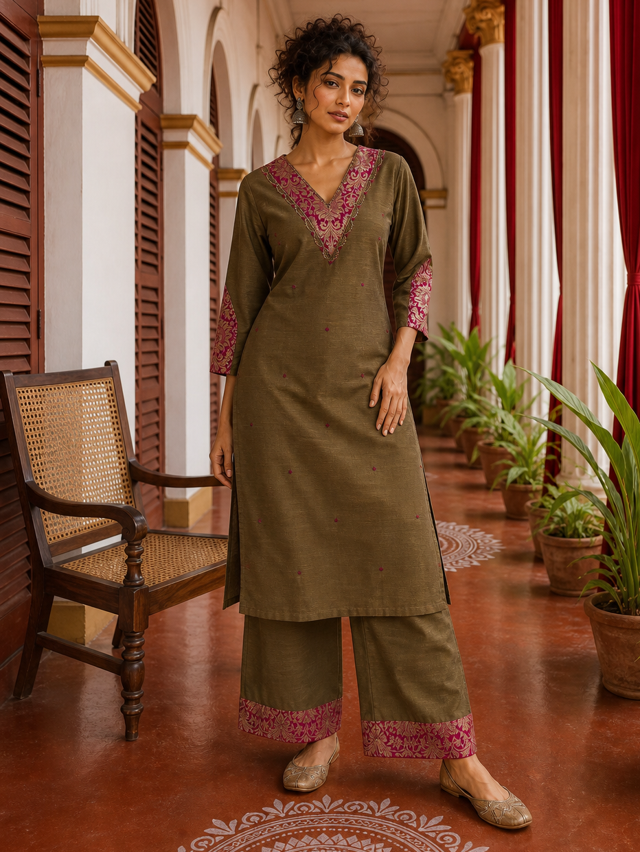 Elegant Dark Gold Cotton silk Kurta with Contrast Magenta Gold Embroidered V-Neck brocade Yoke and Coordinated Sleeve Cuffs