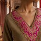 Elegant Dark Gold Cotton silk Kurta with Contrast Magenta Gold Embroidered V-Neck brocade Yoke and Coordinated Sleeve Cuffs