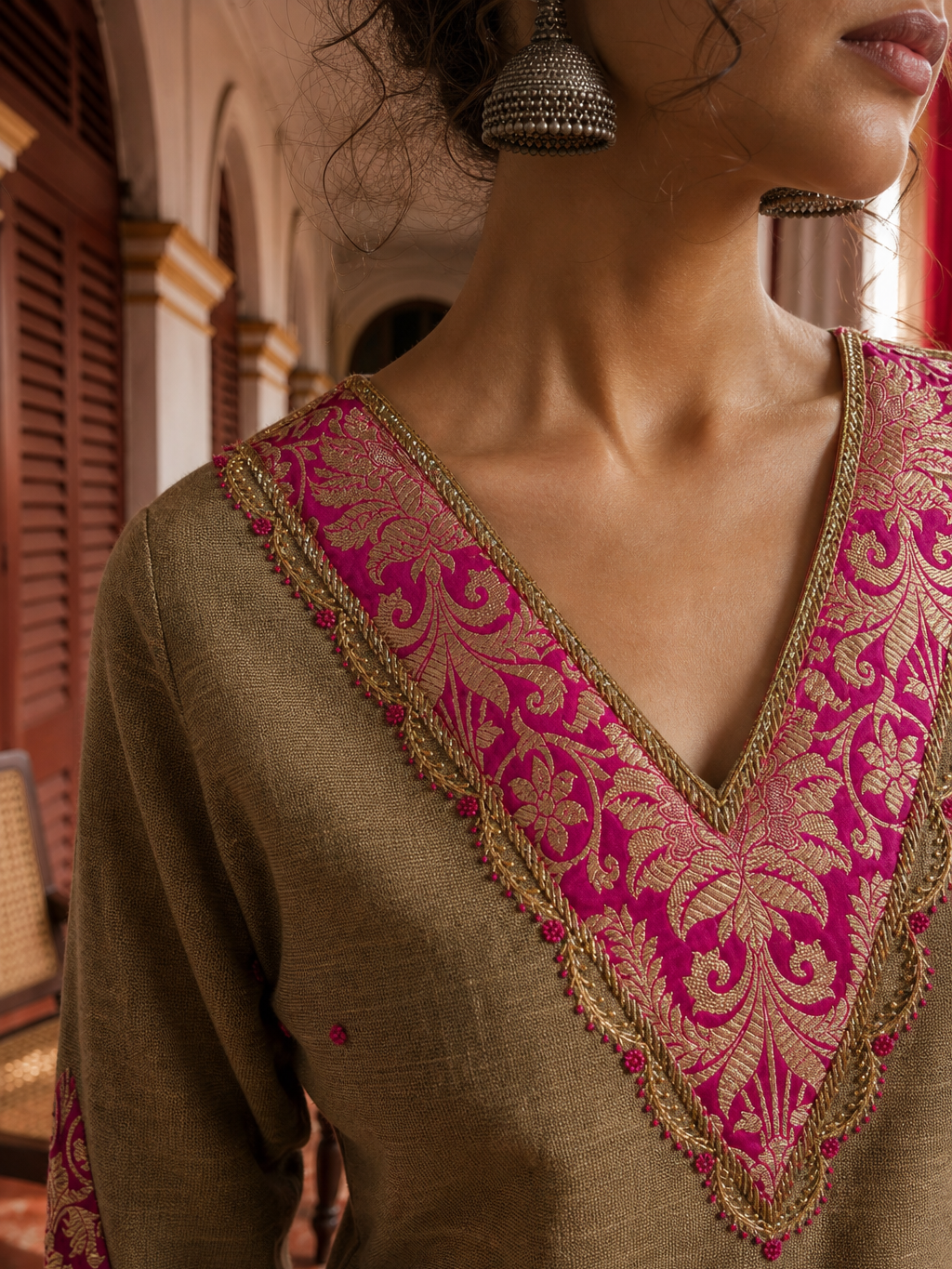 Elegant Dark Gold Cotton silk Kurta with Contrast Magenta Gold Embroidered V-Neck brocade Yoke and Coordinated Sleeve Cuffs