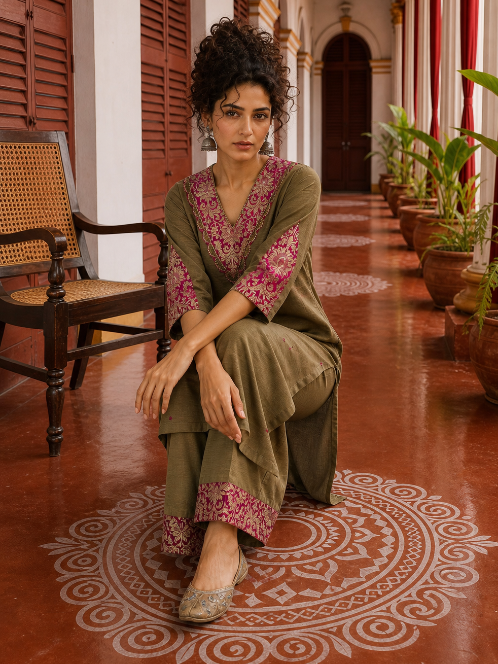 Elegant Dark Gold Cotton silk Kurta with Contrast Magenta Gold Embroidered V-Neck brocade Yoke and Coordinated Sleeve Cuffs