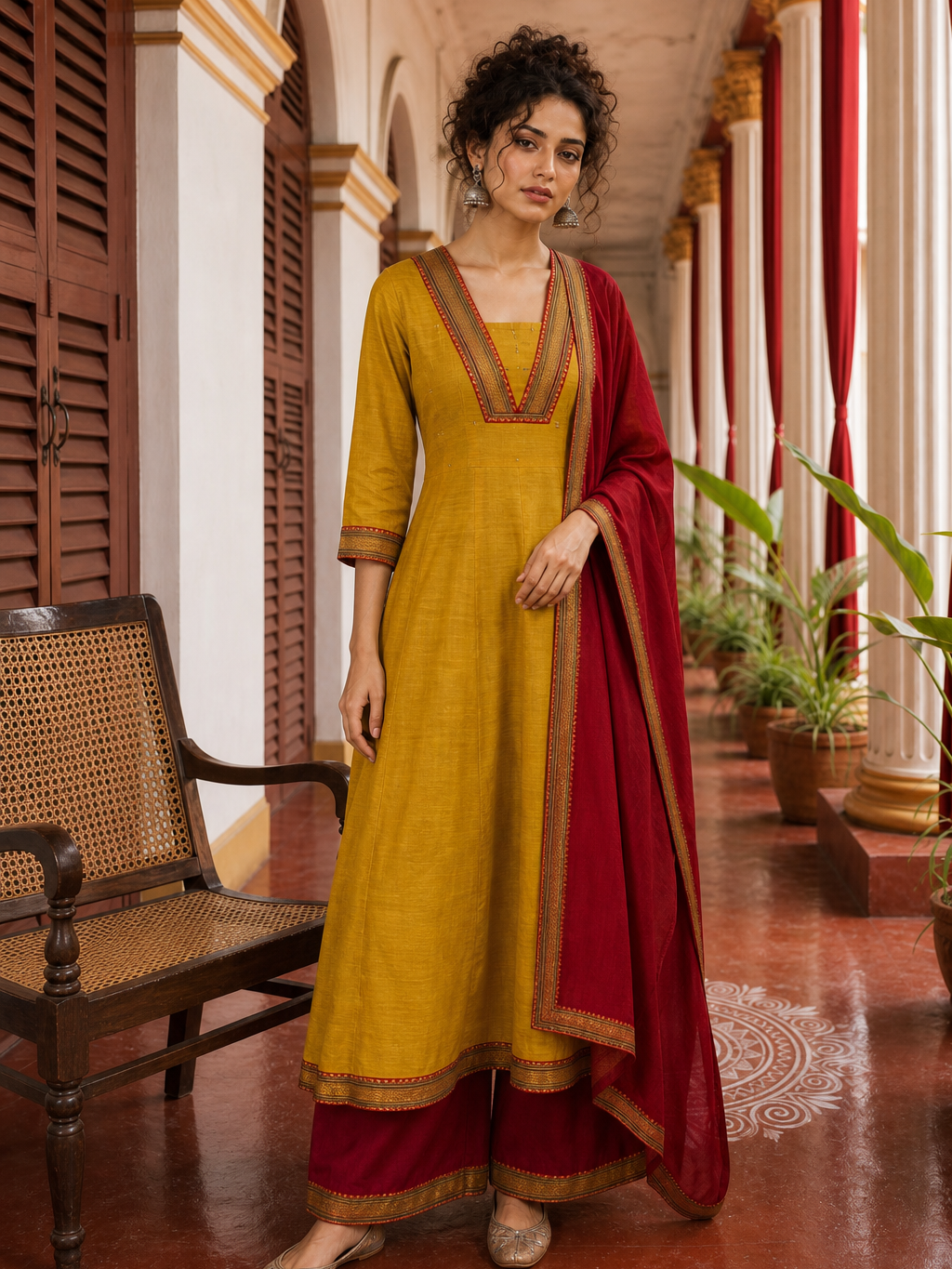 Vibrant Mustard Yellow Cotton Anarkali Kurta with Contrast red Border