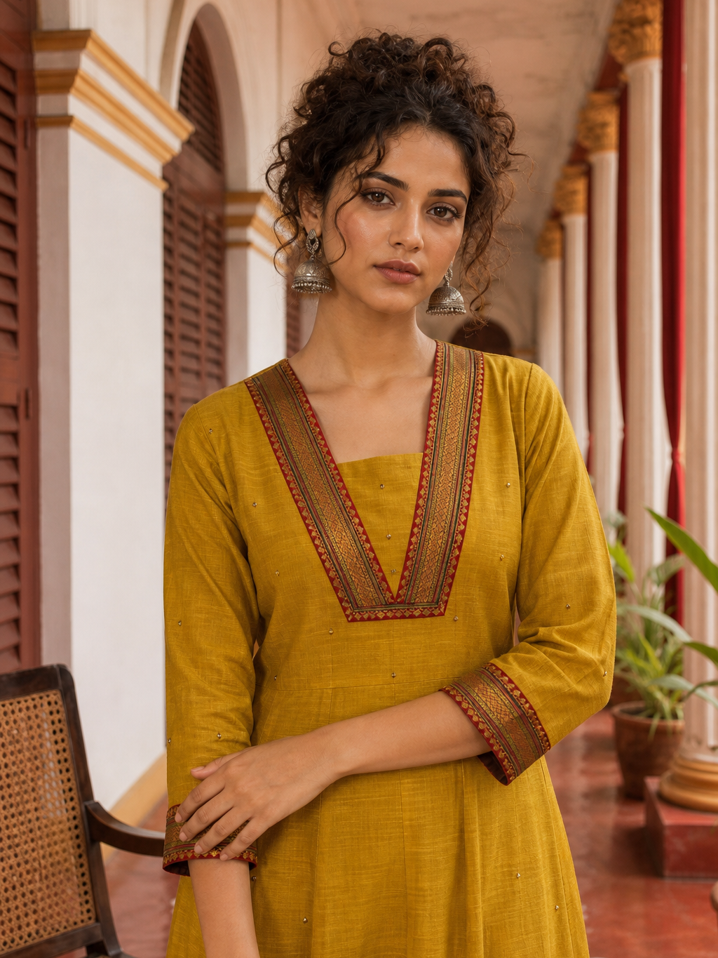 Vibrant Mustard Yellow Cotton Anarkali Kurta with Contrast red Border