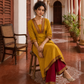 Vibrant Mustard Yellow Cotton Anarkali Kurta with Contrast red Border