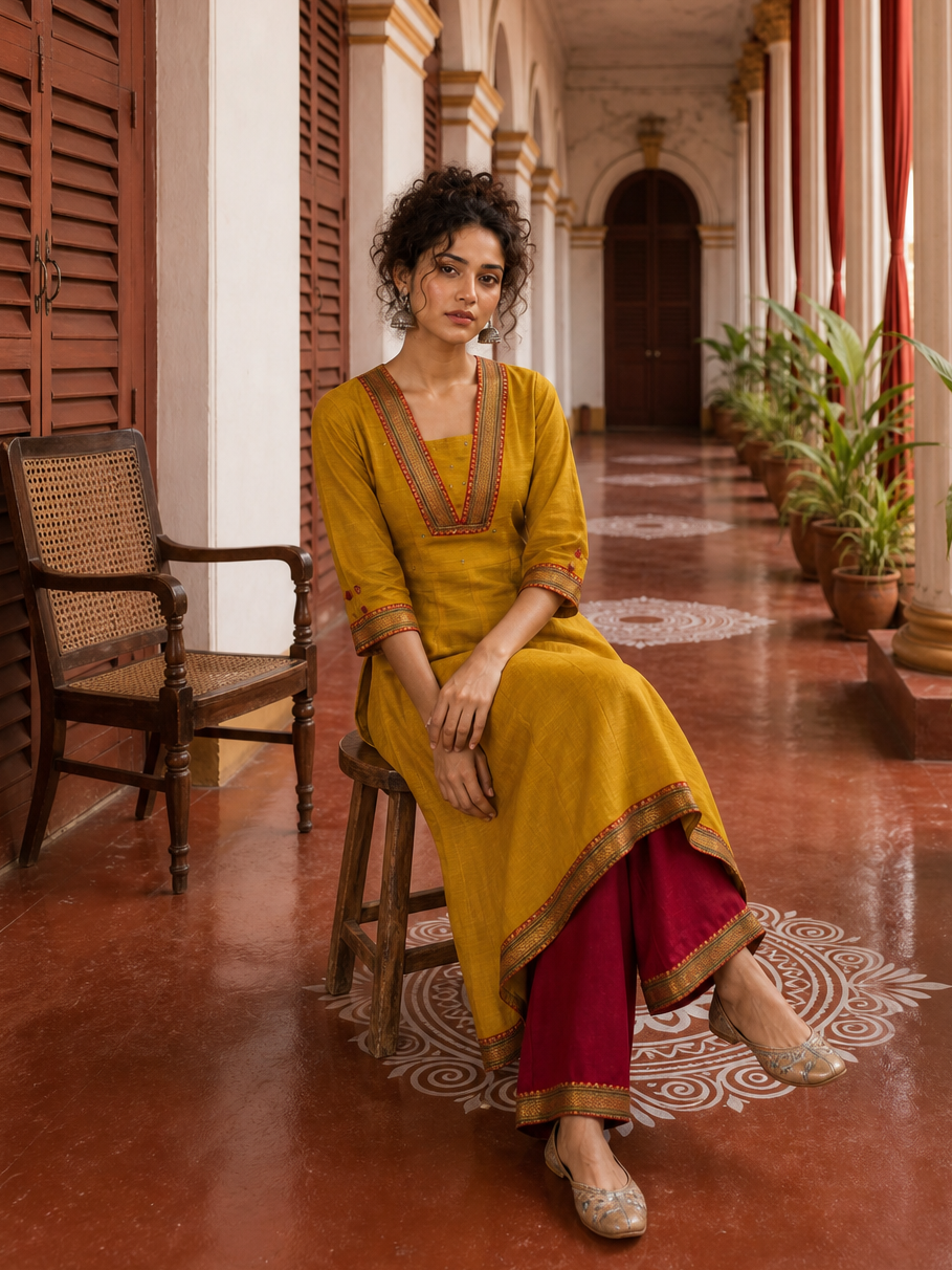 Vibrant Mustard Yellow Cotton Anarkali Kurta with Contrast red Border