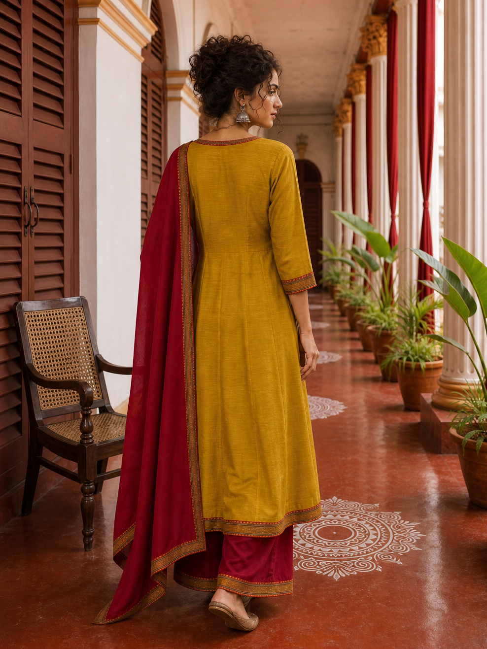 Vibrant Mustard Yellow Cotton Anarkali Kurta with Contrast red Border