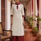 Elegant Beige Textured Kurta with Maroon Keyhole Neckline, Mirror Work & Bandhani Print Palazzo Set