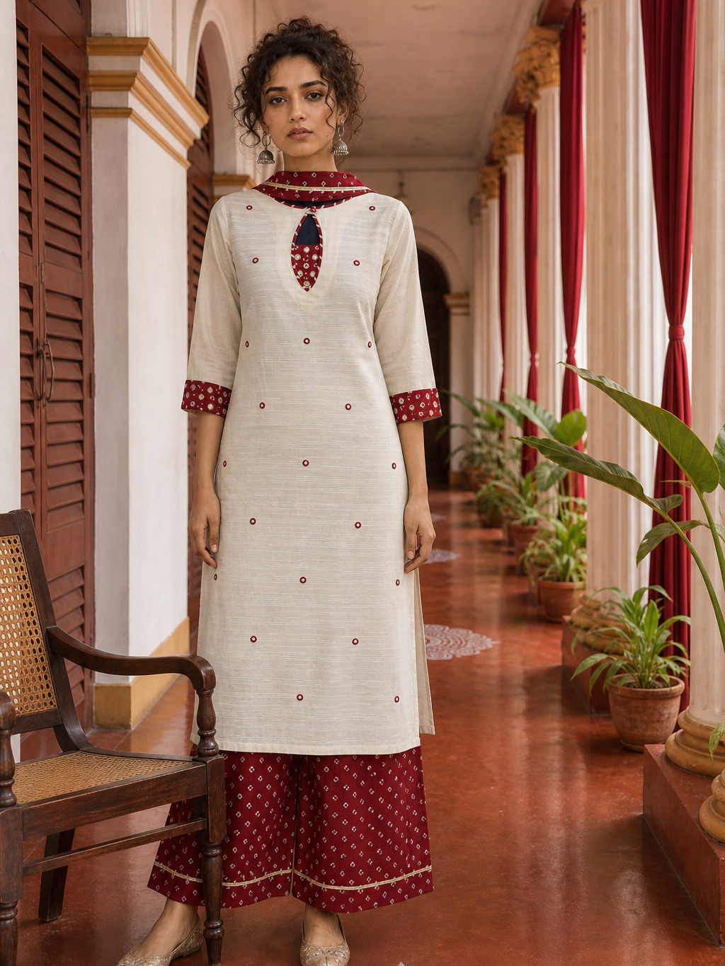 Elegant Beige Textured Kurta with Maroon Keyhole Neckline, Mirror Work & Bandhani Print Palazzo Set
