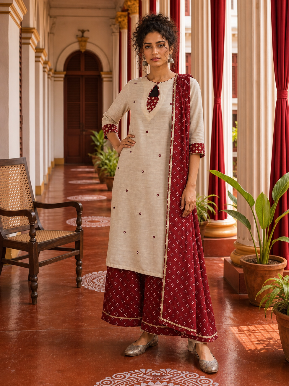 Elegant Beige Textured Kurta with Maroon Keyhole Neckline, Mirror Work & Bandhani Print Palazzo Set