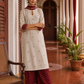 Elegant Beige Textured Kurta with Maroon Keyhole Neckline, Mirror Work & Bandhani Print Palazzo Set