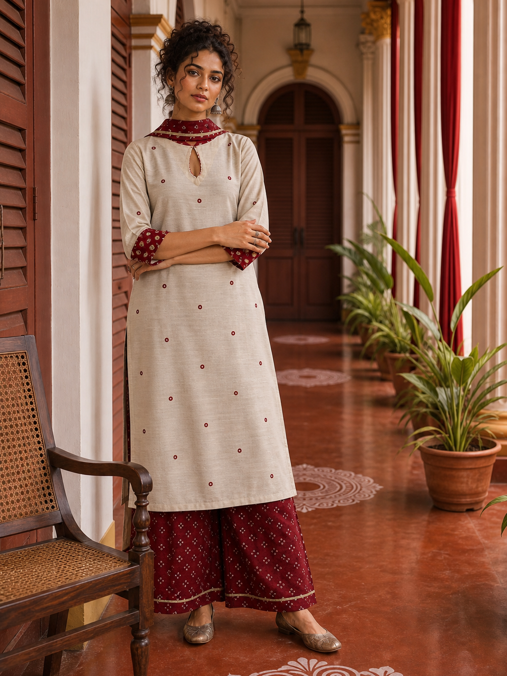 Elegant Beige Textured Kurta with Maroon Keyhole Neckline, Mirror Work & Bandhani Print Palazzo Set