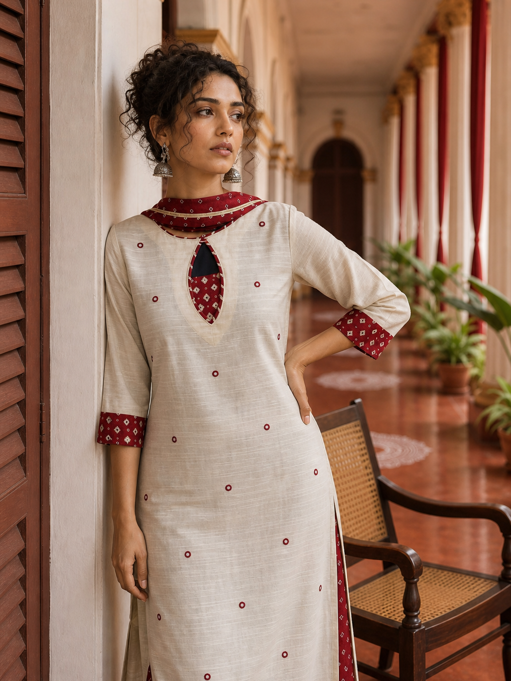 Elegant Beige Textured Kurta with Maroon Keyhole Neckline, Mirror Work & Bandhani Print Palazzo Set