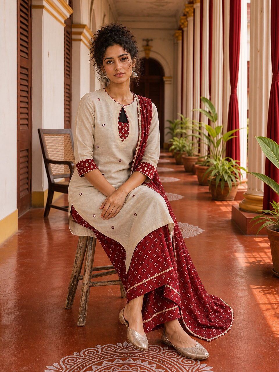 Elegant Beige Textured Kurta with Maroon Keyhole Neckline, Mirror Work & Bandhani Print Palazzo Set