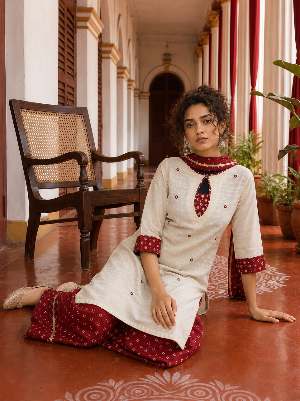 Elegant Beige Textured Kurta with Maroon Keyhole Neckline, Mirror Work & Bandhani Print Palazzo Set