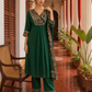 Elegant Bottle Green Dress with Kalamkari Print Yoke, Contrast Sleeve Cuffs
