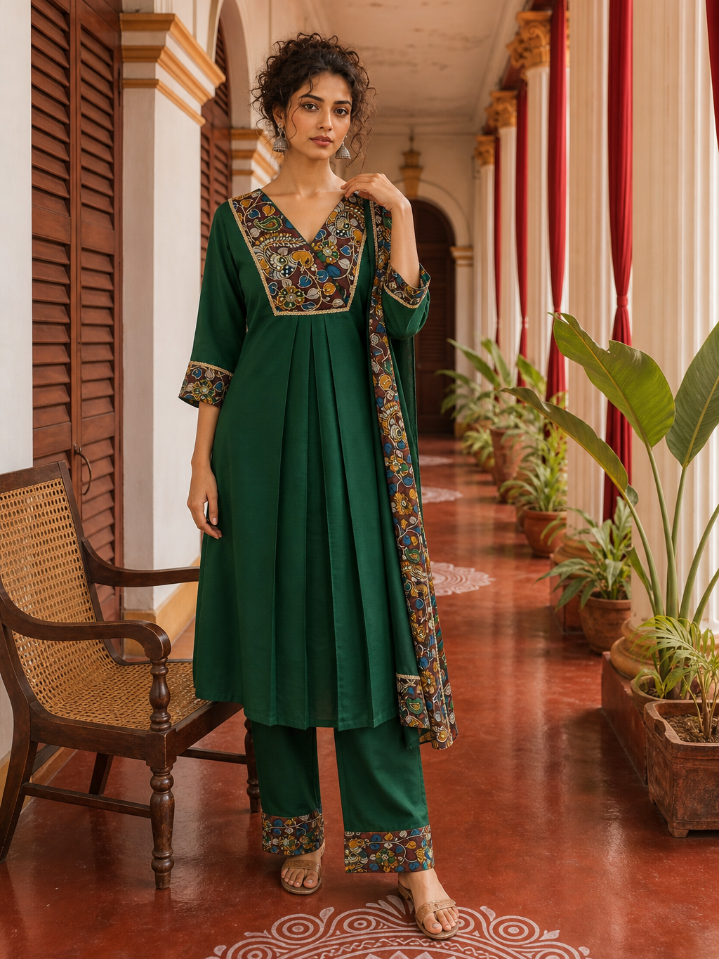 Elegant Bottle Green Dress with Kalamkari Print Yoke, Contrast Sleeve Cuffs