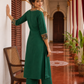 Elegant Bottle Green Dress with Kalamkari Print Yoke, Contrast Sleeve Cuffs