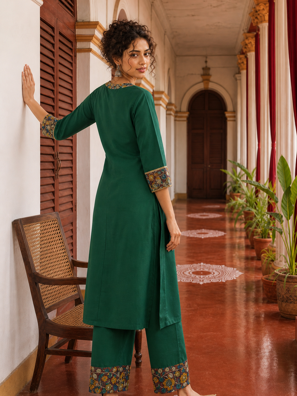 Elegant Bottle Green Dress with Kalamkari Print Yoke, Contrast Sleeve Cuffs