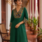 Elegant Bottle Green Dress with Kalamkari Print Yoke, Contrast Sleeve Cuffs