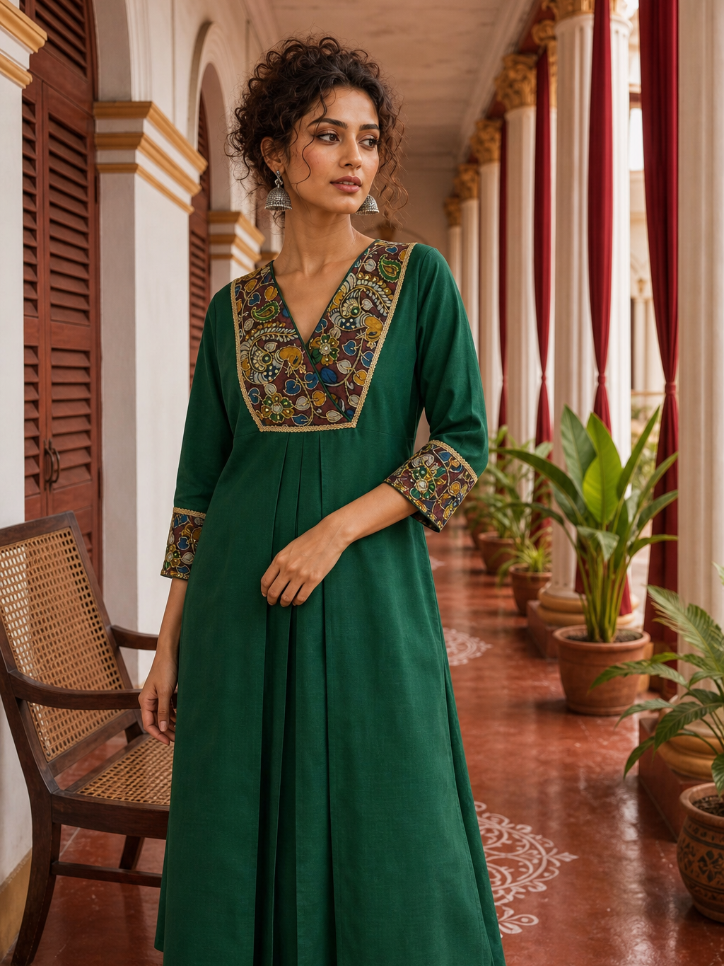 Elegant Bottle Green Dress with Kalamkari Print Yoke, Contrast Sleeve Cuffs