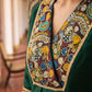 Elegant Bottle Green Dress with Kalamkari Print Yoke, Contrast Sleeve Cuffs