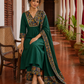Elegant Bottle Green Dress with Kalamkari Print Yoke, Contrast Sleeve Cuffs