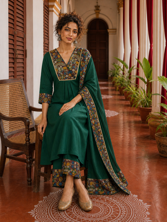 Robe élégante vert bouteille avec empiècement à motif Kalamkari et poignets contrastants