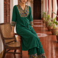 Elegant Bottle Green Dress with Kalamkari Print Yoke, Contrast Sleeve Cuffs