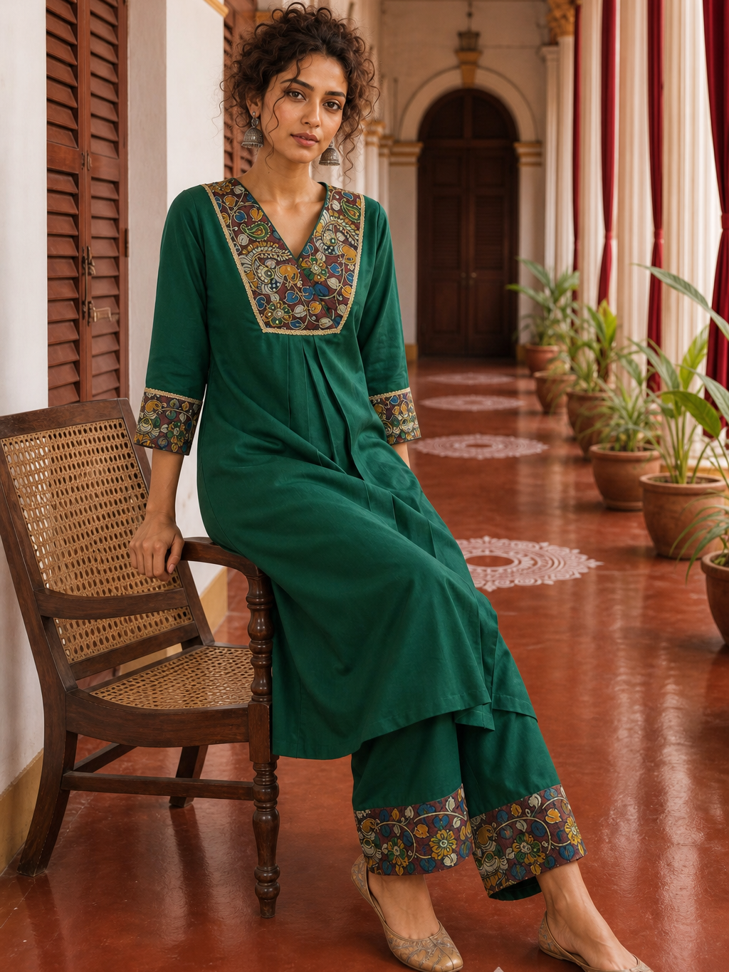 Elegant Bottle Green Dress with Kalamkari Print Yoke, Contrast Sleeve Cuffs