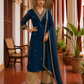 Elegant Teal Blue Georgette Kurta with Heavy Gold embroidered border V-Neck Yoke & Matching Sleeve Cuffs