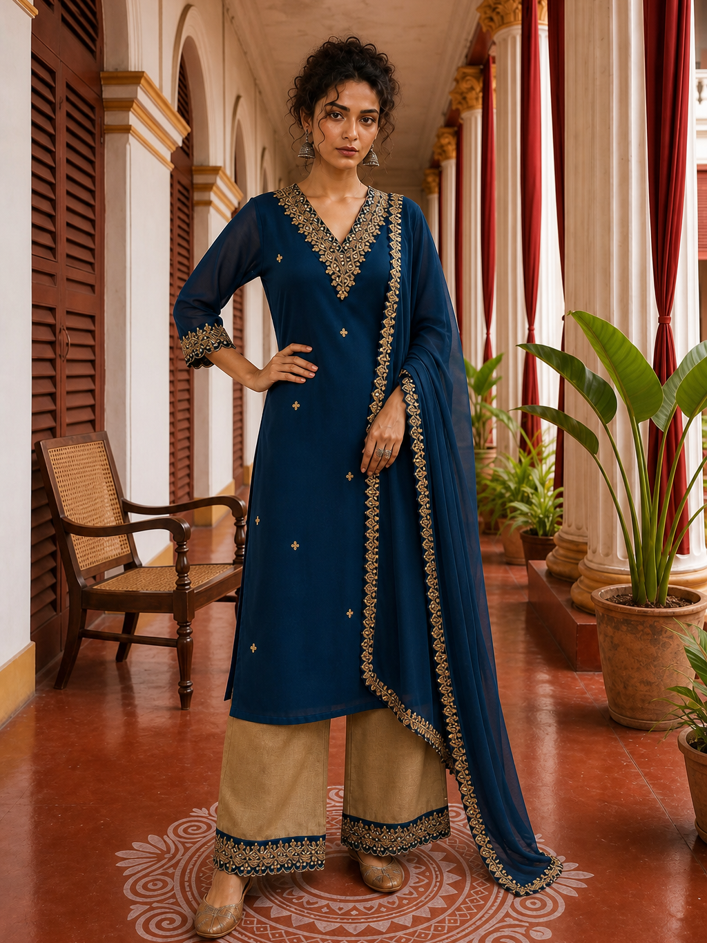 Elegant Teal Blue Georgette Kurta with Heavy Gold embroidered border V-Neck Yoke & Matching Sleeve Cuffs