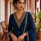 Elegant Teal Blue Georgette Kurta with Heavy Gold embroidered border V-Neck Yoke & Matching Sleeve Cuffs