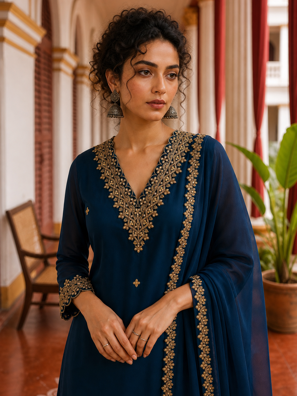 Elegant Teal Blue Georgette Kurta with Heavy Gold embroidered border V-Neck Yoke & Matching Sleeve Cuffs