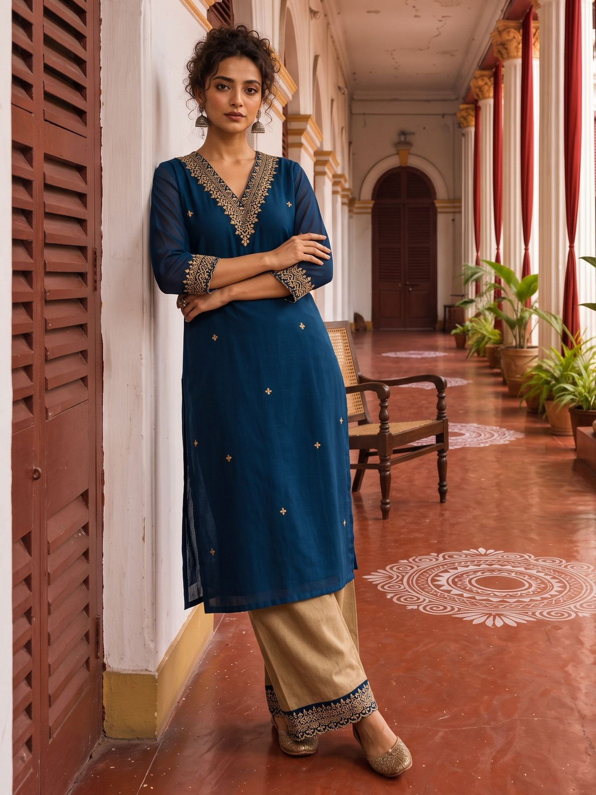 Elegant Teal Blue Georgette Kurta with Heavy Gold embroidered border V-Neck Yoke & Matching Sleeve Cuffs