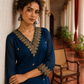 Elegant Teal Blue Georgette Kurta with Heavy Gold embroidered border V-Neck Yoke & Matching Sleeve Cuffs