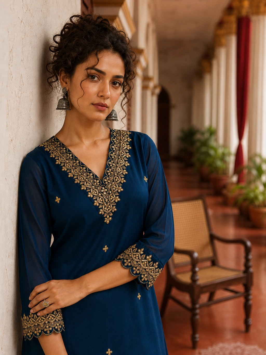 Elegant Teal Blue Georgette Kurta with Heavy Gold embroidered border V-Neck Yoke & Matching Sleeve Cuffs