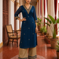 Elegant Teal Blue Georgette Kurta with Heavy Gold embroidered border V-Neck Yoke & Matching Sleeve Cuffs