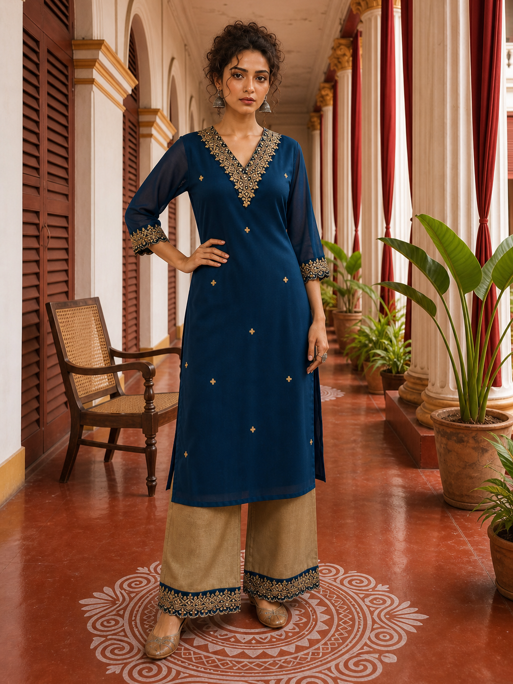 Elegant Teal Blue Georgette Kurta with Heavy Gold embroidered border V-Neck Yoke & Matching Sleeve Cuffs